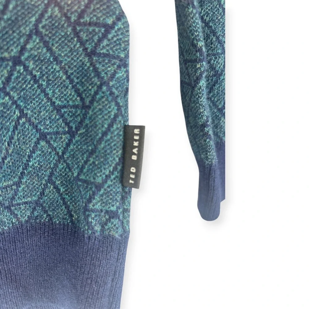 Ted Baker Mens L Sweater Cashmere Geometric Teal Navy Crewneck Academia Preppy